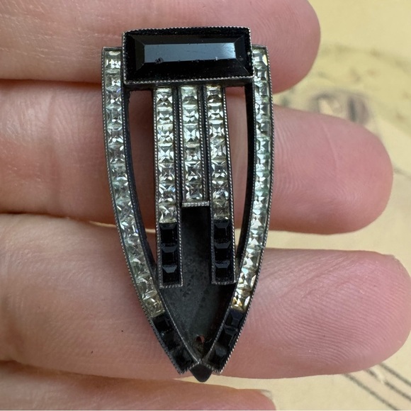 Art Deco Black Onyx Sterling Silver 935 Dress Clip Antique - Picture 2 of 13